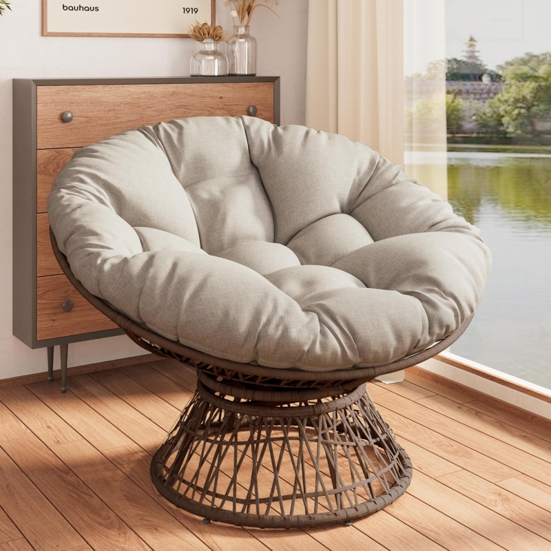 Papasan Chair Beige Swivel Woven Pedestal Cloud-Like Tufted Cushion