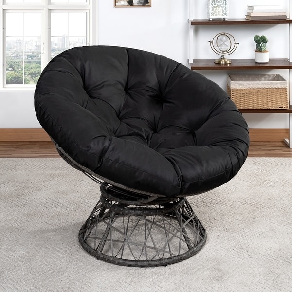 Papasan Chair Black Tufted Cushion Swivel Woven Geometric Frame