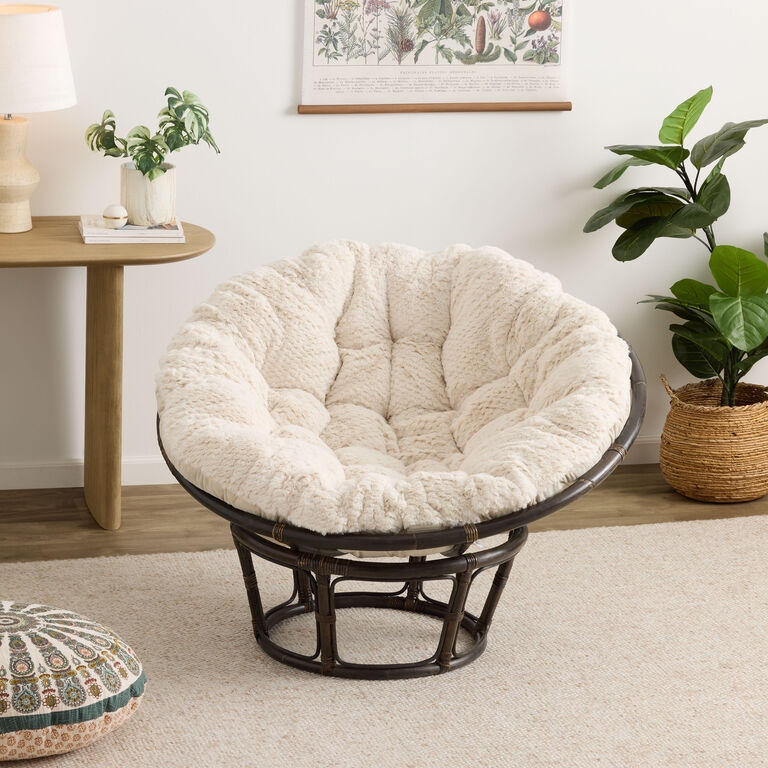 Papasan Chair Cream Faux Fur Cushion Espresso Toned Rattan Frame