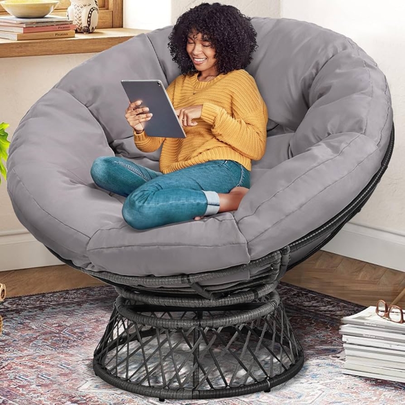 Papasan Chair Grey Swivel Woven Rattan Base with Oversized Cushion