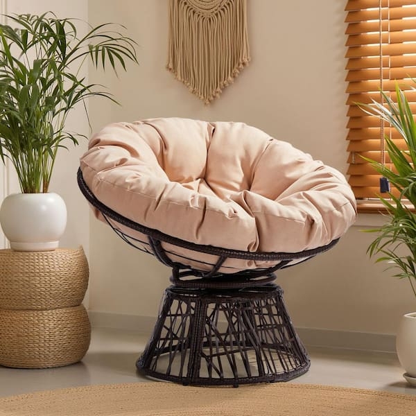 Papasan Chair Intricate Wicker Weave with Plush Beige Tufted Cushion