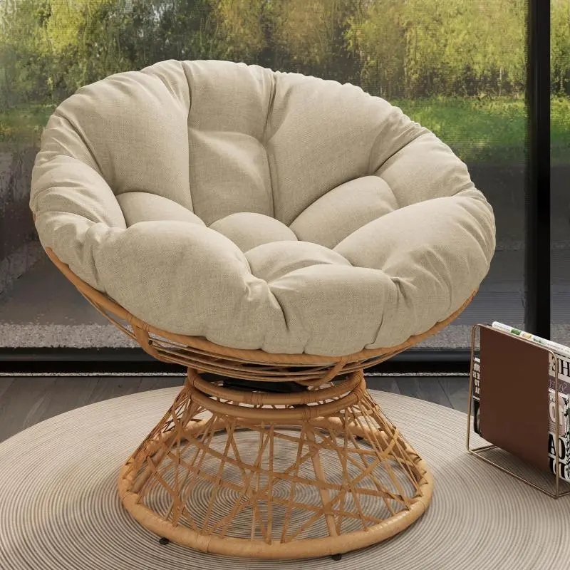 Papasan Chair Oversized Swivel Woven Base Beige Tufted Cushion Boho
