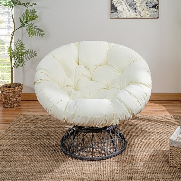 Papasan Chair Swivel Base Wicker with Oversized Cream Tufted Cushion