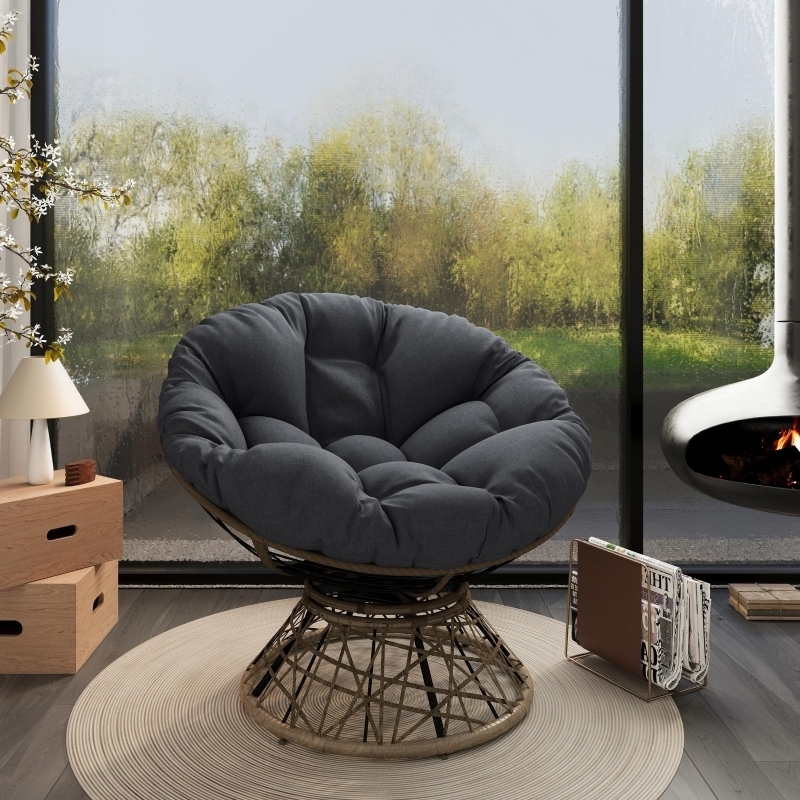 Papasan Chair Swivel Pedestal Charcoal Ultra Thick Tufted Cushion