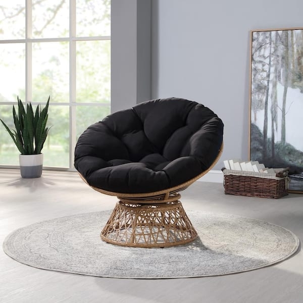 Papasan Chair with Black Tufted Cushion and Woven Lattice Pedestal Base