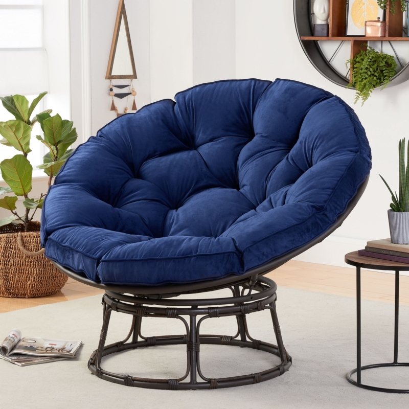 Papasan Chair with Navy Blue Tufted Cushion and Woven Open Frame Base