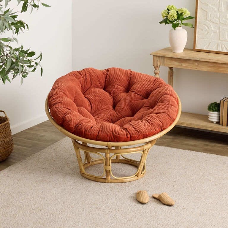 Papasan Chair with Terracotta Corduroy Cushion and Rattan Pedestal Base