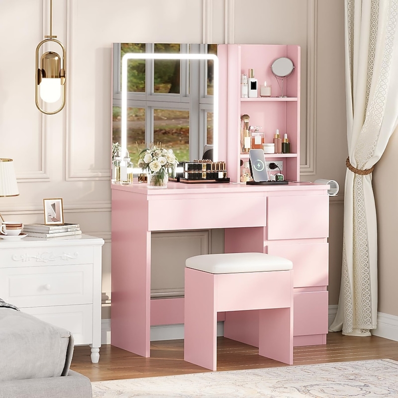 Pastel Pink Vanity Set with Lighted Mirror and Stool