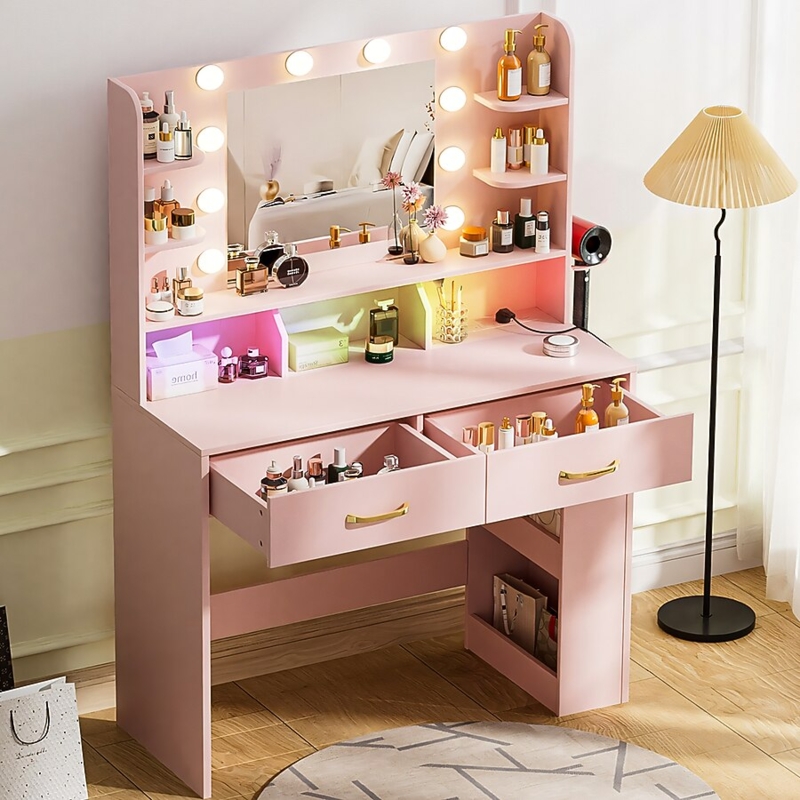 Pastel Pink Vanity with Integrated Hutch Shelving and Power