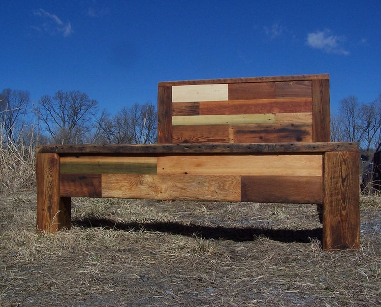 Patchwork Wood Bed Frame with Multi-Tone Planks and Block Legs