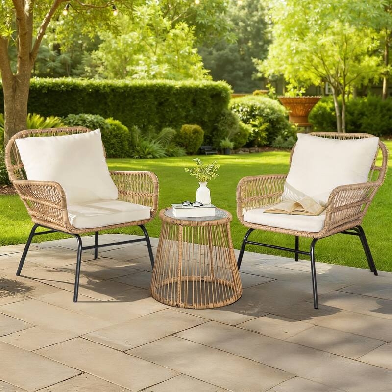 Patio Furniture Set Woven Texture Splayed Legs 3 Piece Boho Wicker (72)