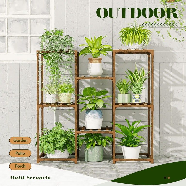 Patio Plant Display Shelf Rectangular Open Frame Wood Brown