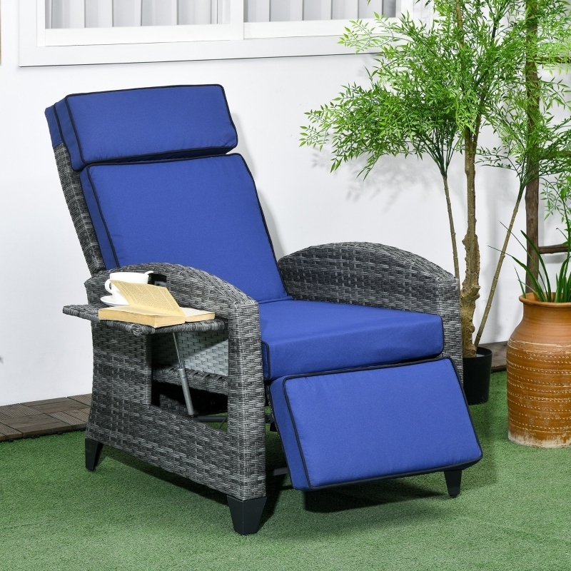 Patio Recliner Cobalt Blue Cushions Grey Wicker Side Tray Outdoor