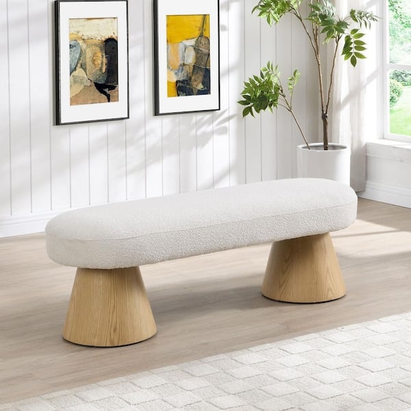 Pill Shape Boucle Bench with Conical Wood Pedestal Base