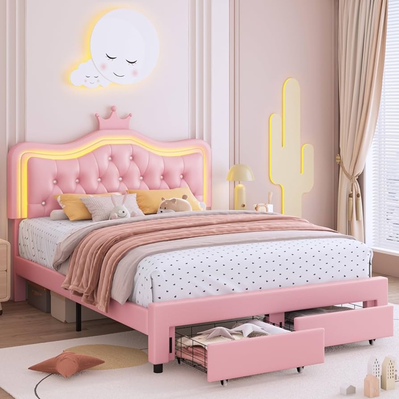 Pink Crown Bed Frame with LED Lighting and Leather-Like Upholstery