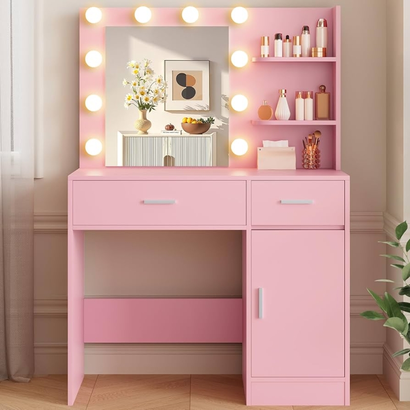 Pink Lighted Vanity with Hollywood Mirror & Asymmetric Shelving