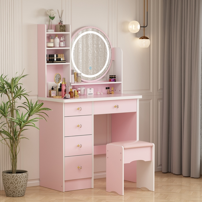 Pink Makeup Vanity with Round LED Mirror and Vertical Shelving