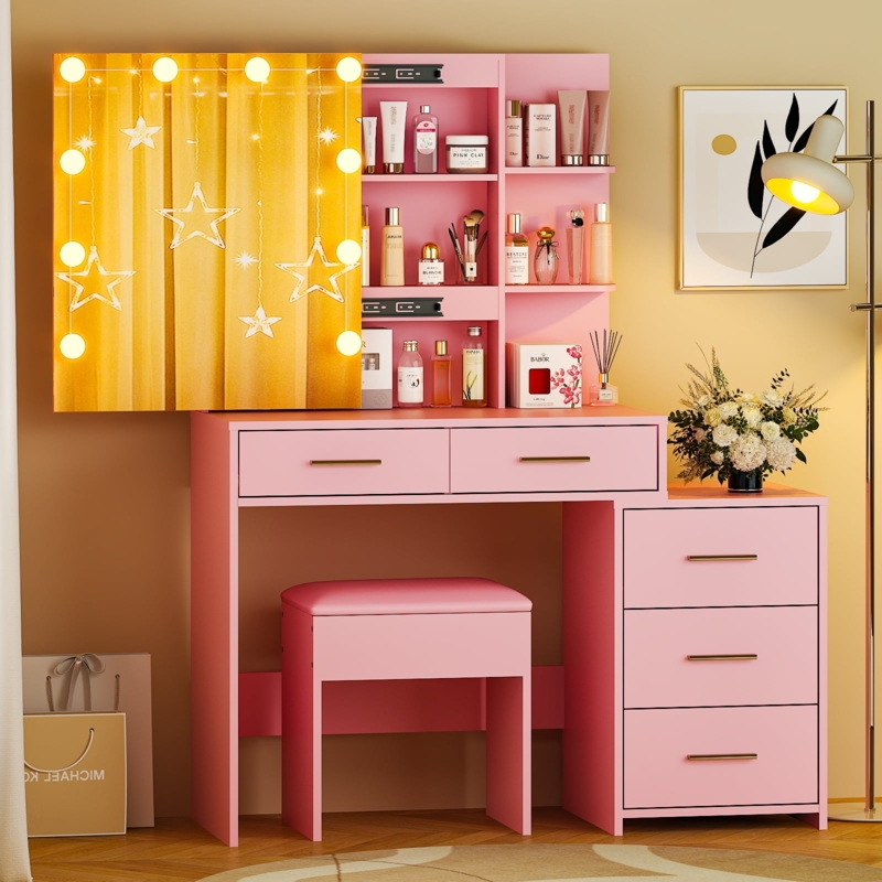 Pink Makeup Vanity with Sliding Mirror and Globe Bulbs