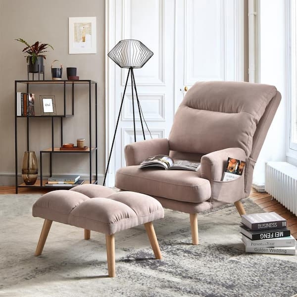 Pink Recliner Chair With Ottoman Linen Like Tapered Wood Legs Side Pocket