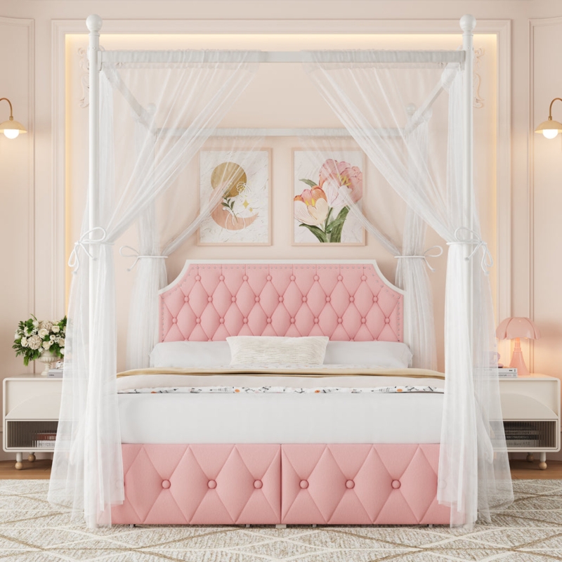 Pink Tufted Canopy Bed with Sheer Drapery and Storage Drawers