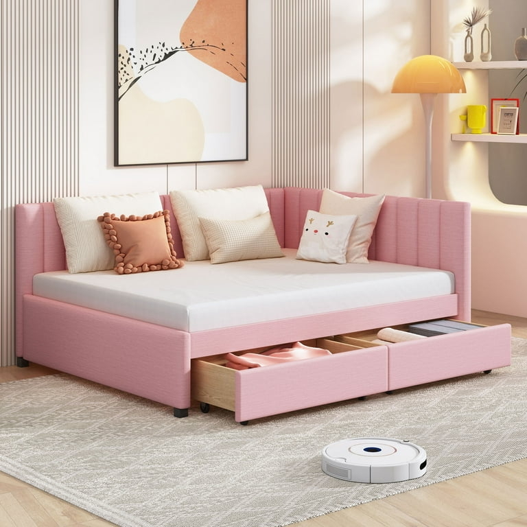 Pink Upholstered Daybed, Channeled Backrest, Integrated Drawers