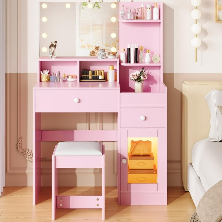 Pink Vanity with Glass-Front Display Cabinet and Bulbs