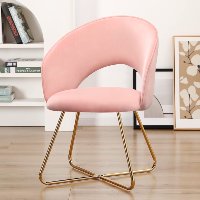 Pink Velvet Accent Chair with Gold X-Base and Cutout Back for Vanity