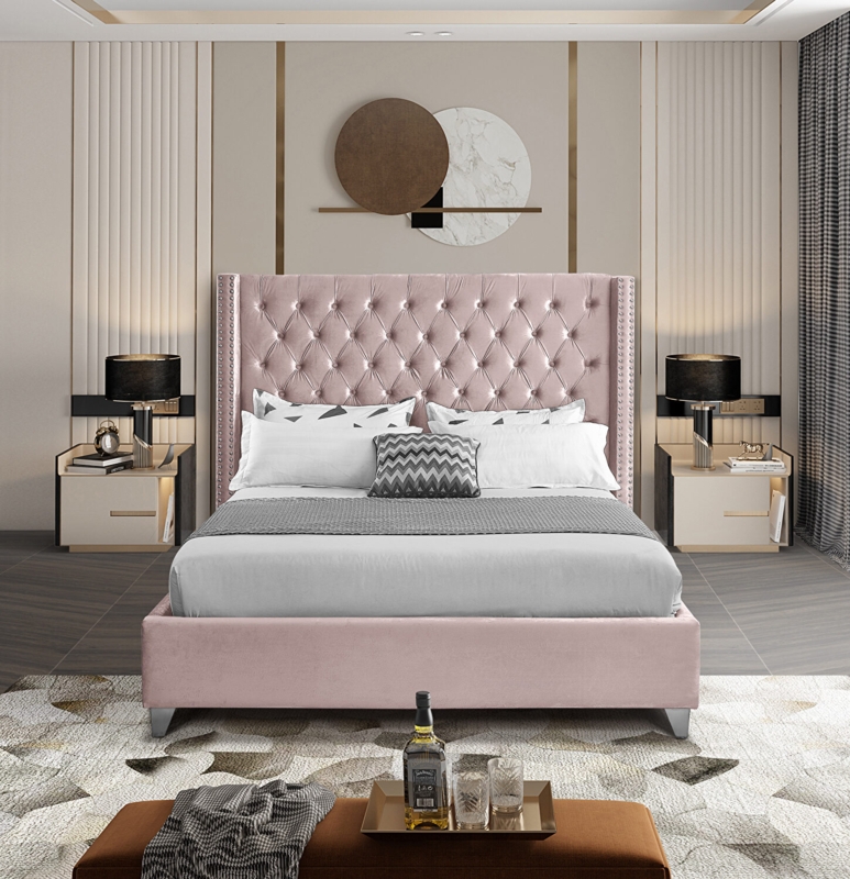 Pink Velvet Bed with Tall Tufted Headboard and Nailhead Border