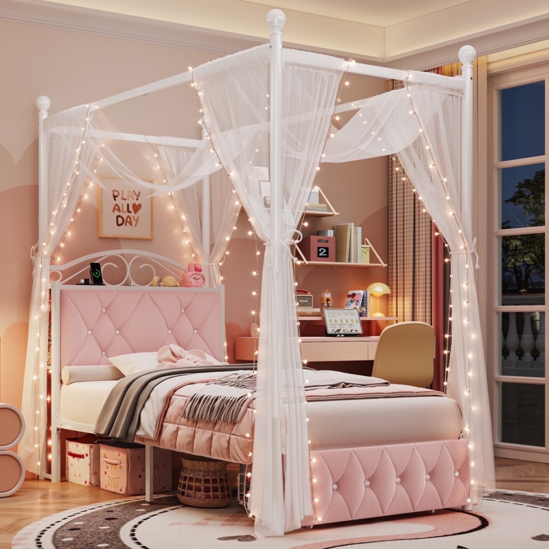 Pink Velvet Canopy Bed with Fairy Lights & Charging Station