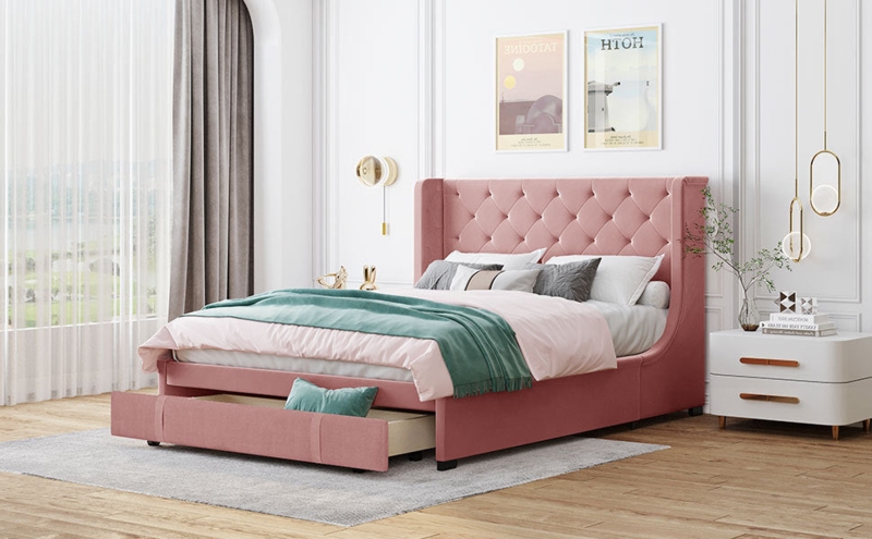 Pink Velvet Storage Bed with Wingback Headboard and Foot Drawer