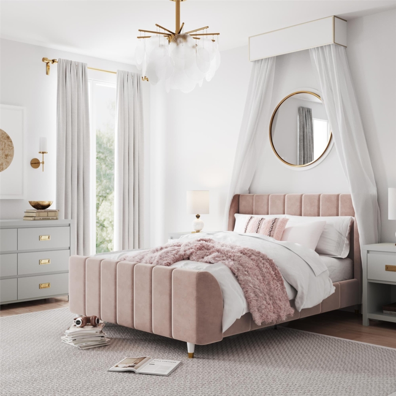 Pink Velvet Upholstered Bed with Vertical Channel Tufting and Gold Legs