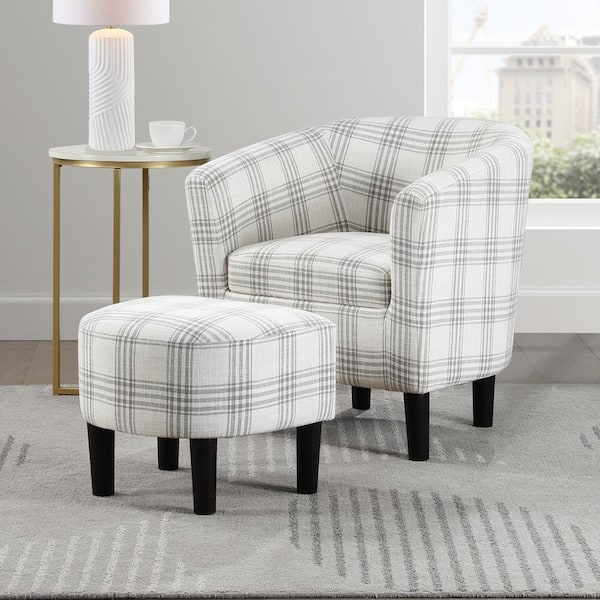 Plaid Barrel Accent Chair with Ottoman and Tapered Legs
