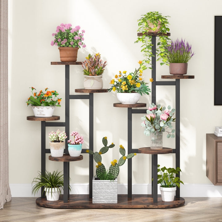 Plant Stand 11-Potted Capacity Asymmetrical Layout Black & Wood-Toned