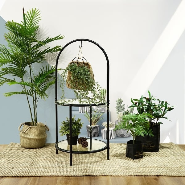 Plant Stand Arched Metal Frame with Hanging Hook & Two Glass Tiers