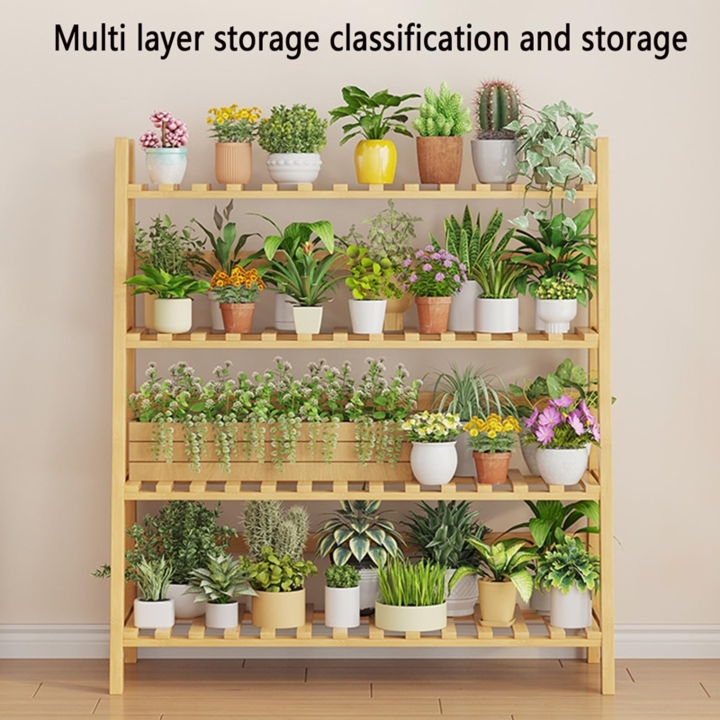 Plant Stand Four-Tier Wood-Toned Slatted Shelves for Indoor Garden