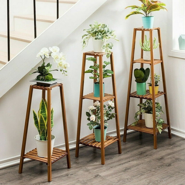 Plant Stand Graduated Heights Wood-Toned Bamboo-Like Slatted Shelves
