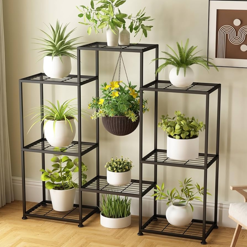 Plant Stand Multi-Tiered Metal Frame with Integrated Hanging Hook