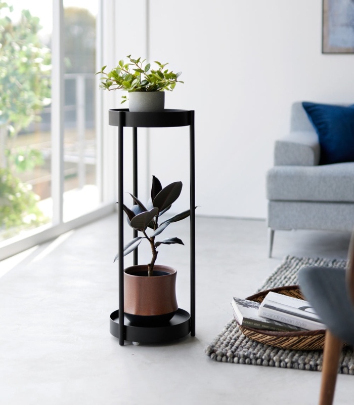 Plant Stand Rolling Casters Matte Black Circular Trays Indoor Wheels