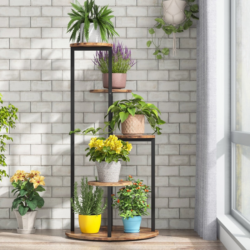 Plant Stand Staggered Circular Platforms Black Metal & Wood-Toned