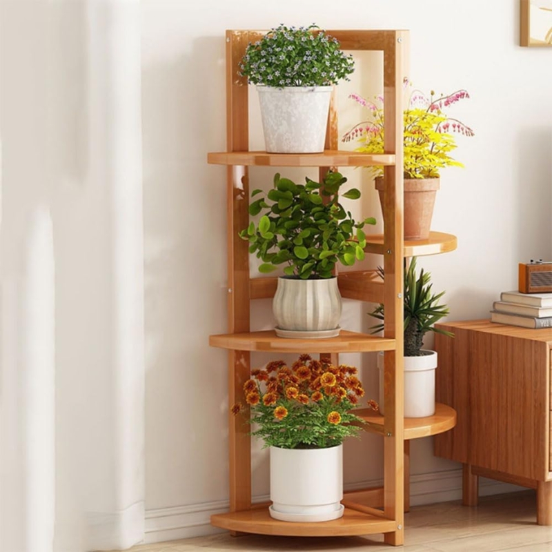 Plant Stand Staggered Shelf Arrangement Warm Wood-Toned Corner Design