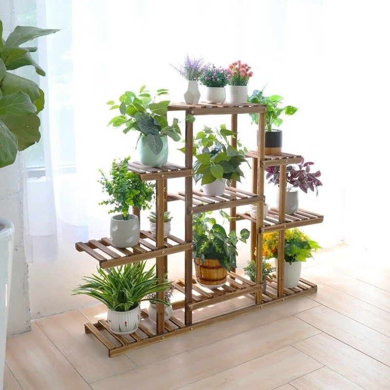 Plant Stand Staggered Tiers Slatted Wood Shelves Vertical Garden Display
