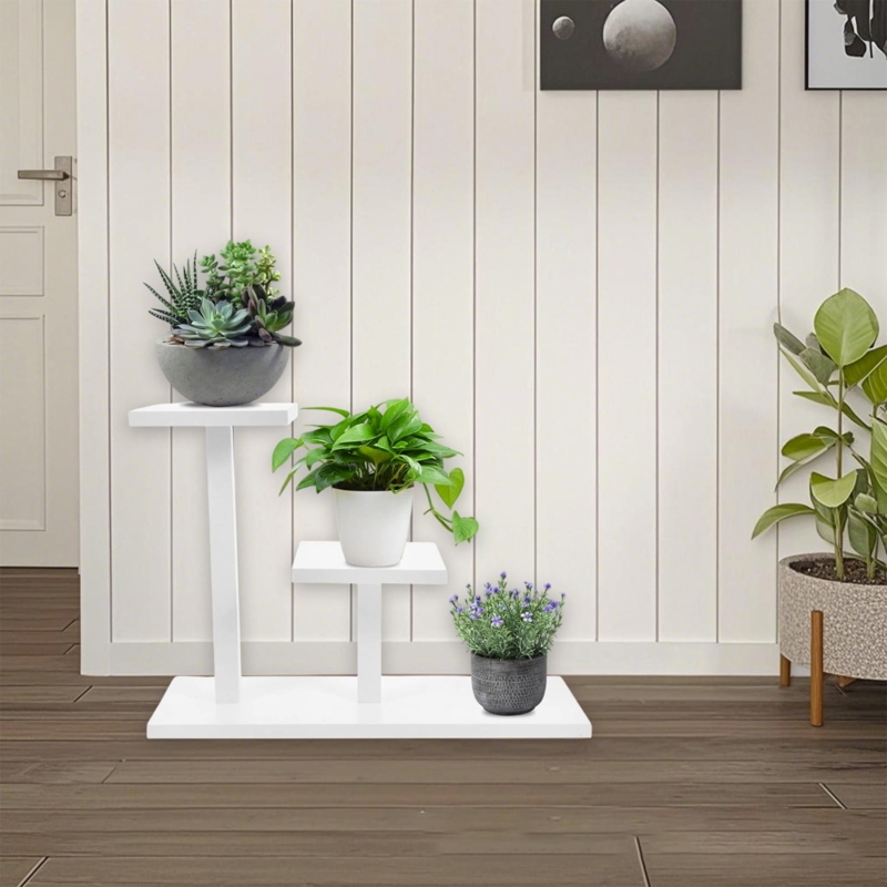 Plant Stand Three-Level Staggered Monochromatic White Finish Compact