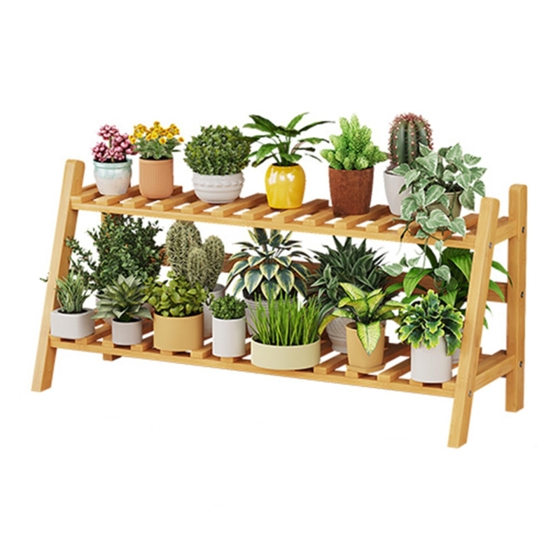 Plant Stand Two-Tier A-Frame Silhouette with Slatted Wood Shelves