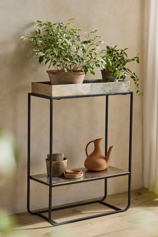 Plant Stand Two-Tier Antique Silver Trough Top Shelf & Black Frame