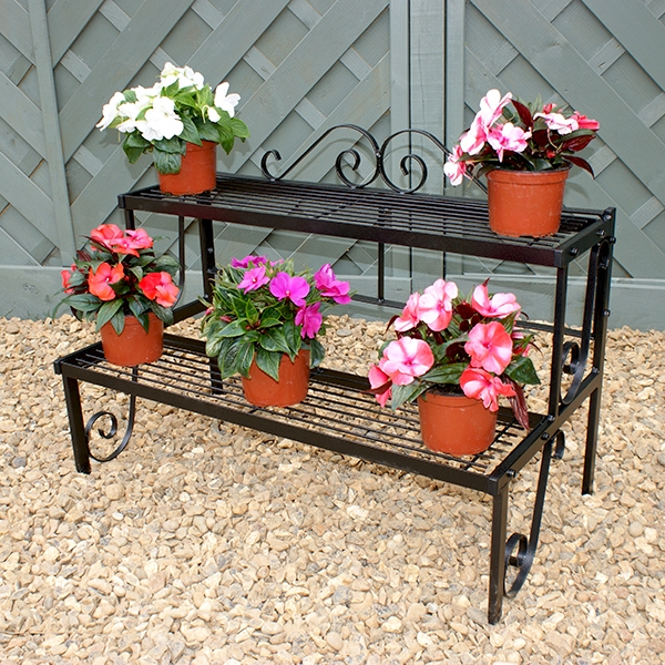 Plant Stand Two-Tier Black Metal with Scrollwork Accents