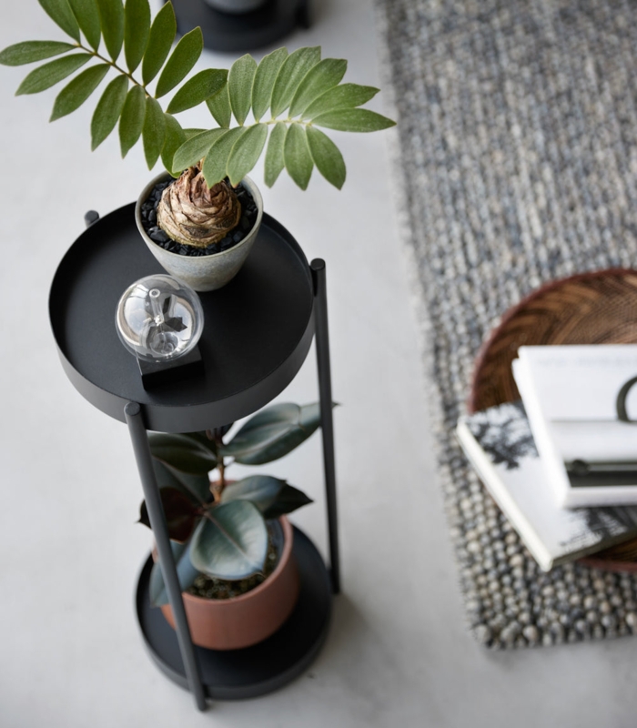 Plant Stand Two-Tier Rolling Casters Matte Black Steel Slim Profile