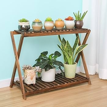 Plant Stand Two-Tier Slatted Dark Stained Wood with X-Cross Frame