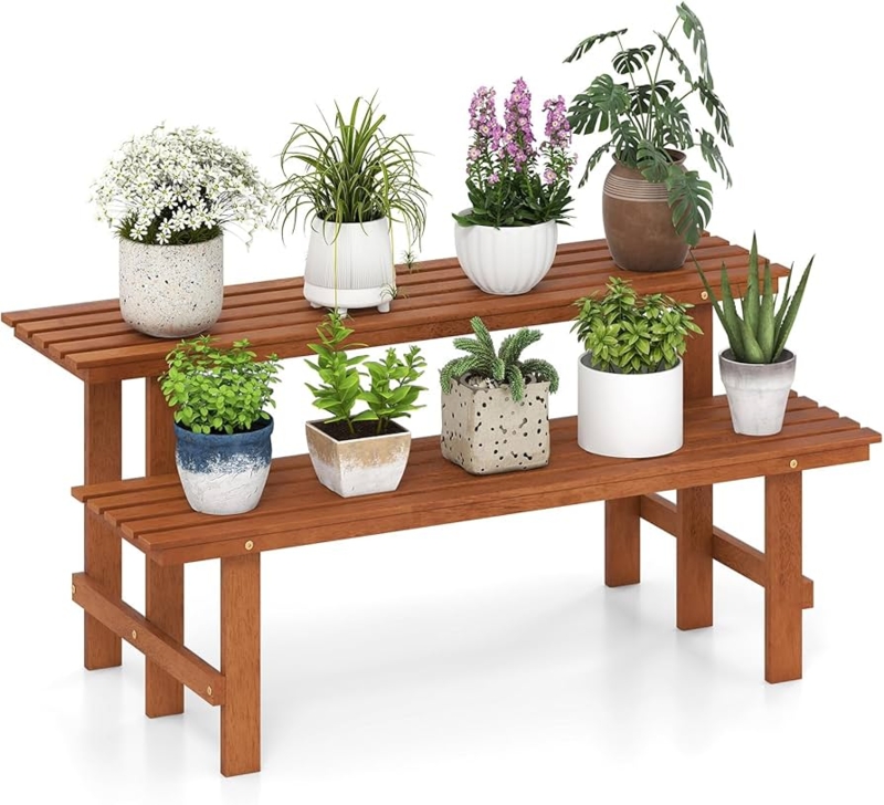 Plant Stand Two-Tier Stepped Ladder Silhouette Medium Brown Wood