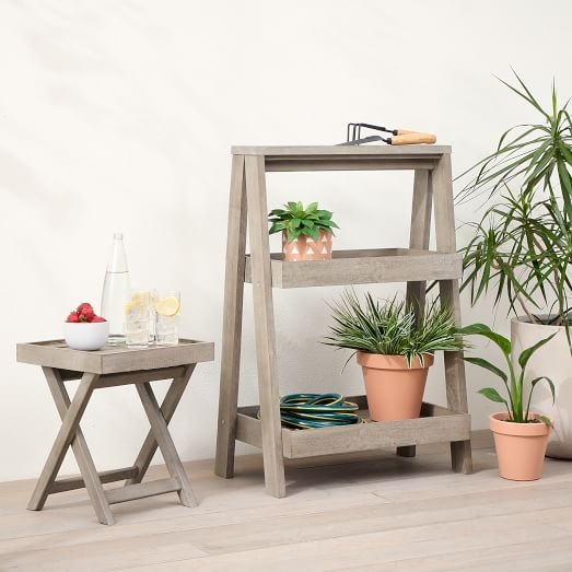 Plant Stand Weathered Gray Two Tier Tray Style Coastal Wood Display