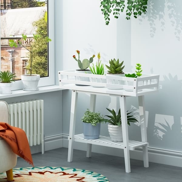 Plant Stand White Slatted Railing Narrow Profile Scandinavian Table